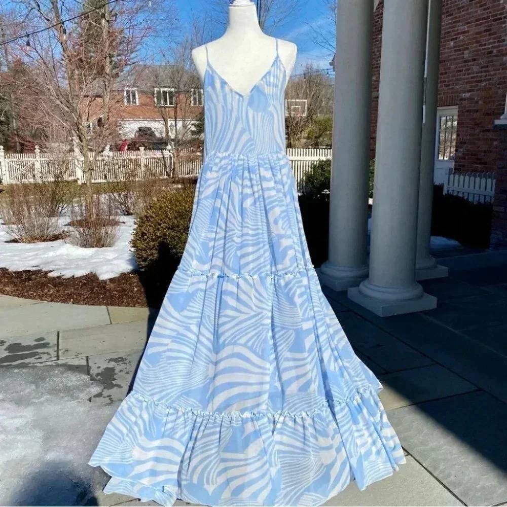 NWT MISA Los Angeles Kalita Maxi Dress Tiered Long White Casablanca Blue XL